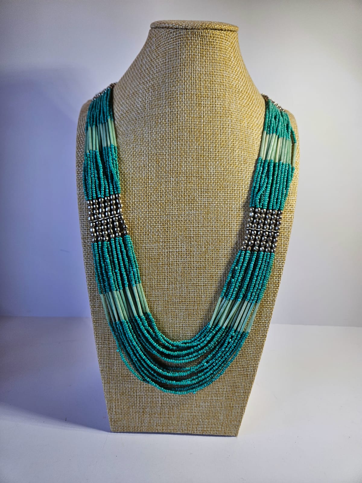 Aqua Green & Silver Tone Vintage Tribal Style Seed Bead Necklace