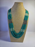 Aqua Green & Silver Tone Vintage Tribal Style Seed Bead Necklace