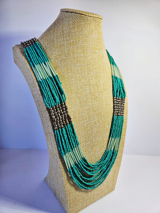 Aqua Green & Silver Tone Vintage Tribal Style Seed Bead Necklace