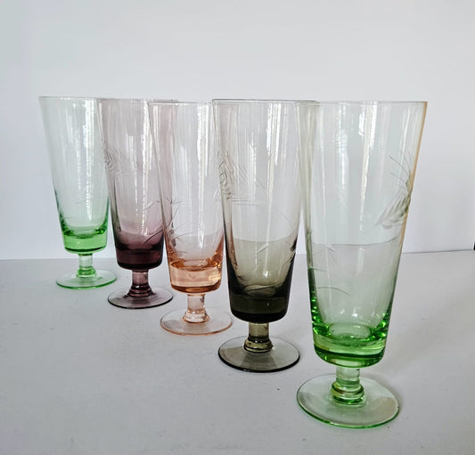 Vintage Harlequin Etched Parfait/Champagne Glasses. Set of 5