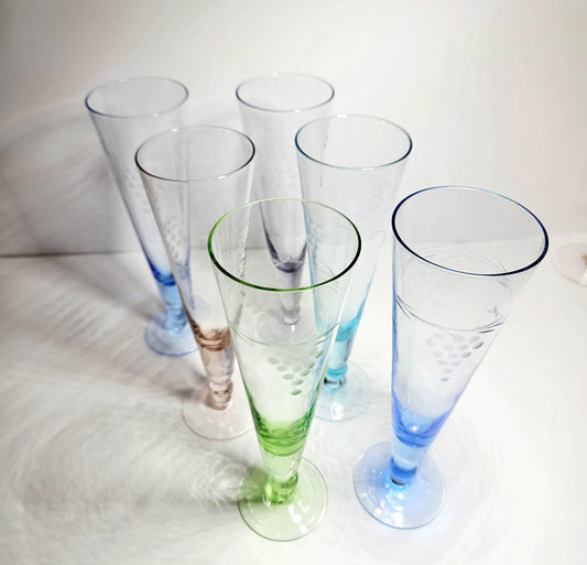 1950s Harlequin Etched Champagne Flutes (6)