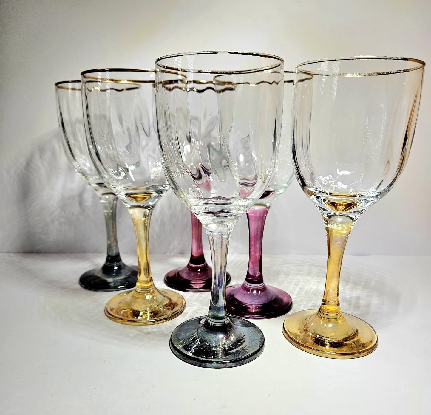 Optic Ribbed Wine Glasses with gold rims and colored Stems, Set of 6