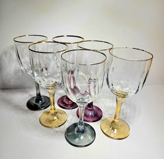 Optic Ribbed Wine Glasses with gold rims and colored Stems, Set of 6