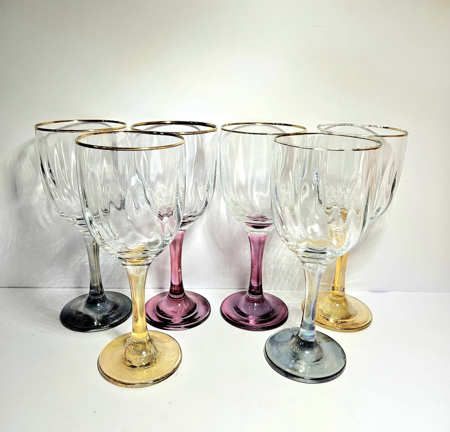 Optic Ribbed Wine Glasses with gold rims and colored Stems, Set of 6