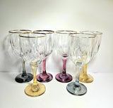 Optic Ribbed Wine Glasses with gold rims and colored Stems, Set of 6