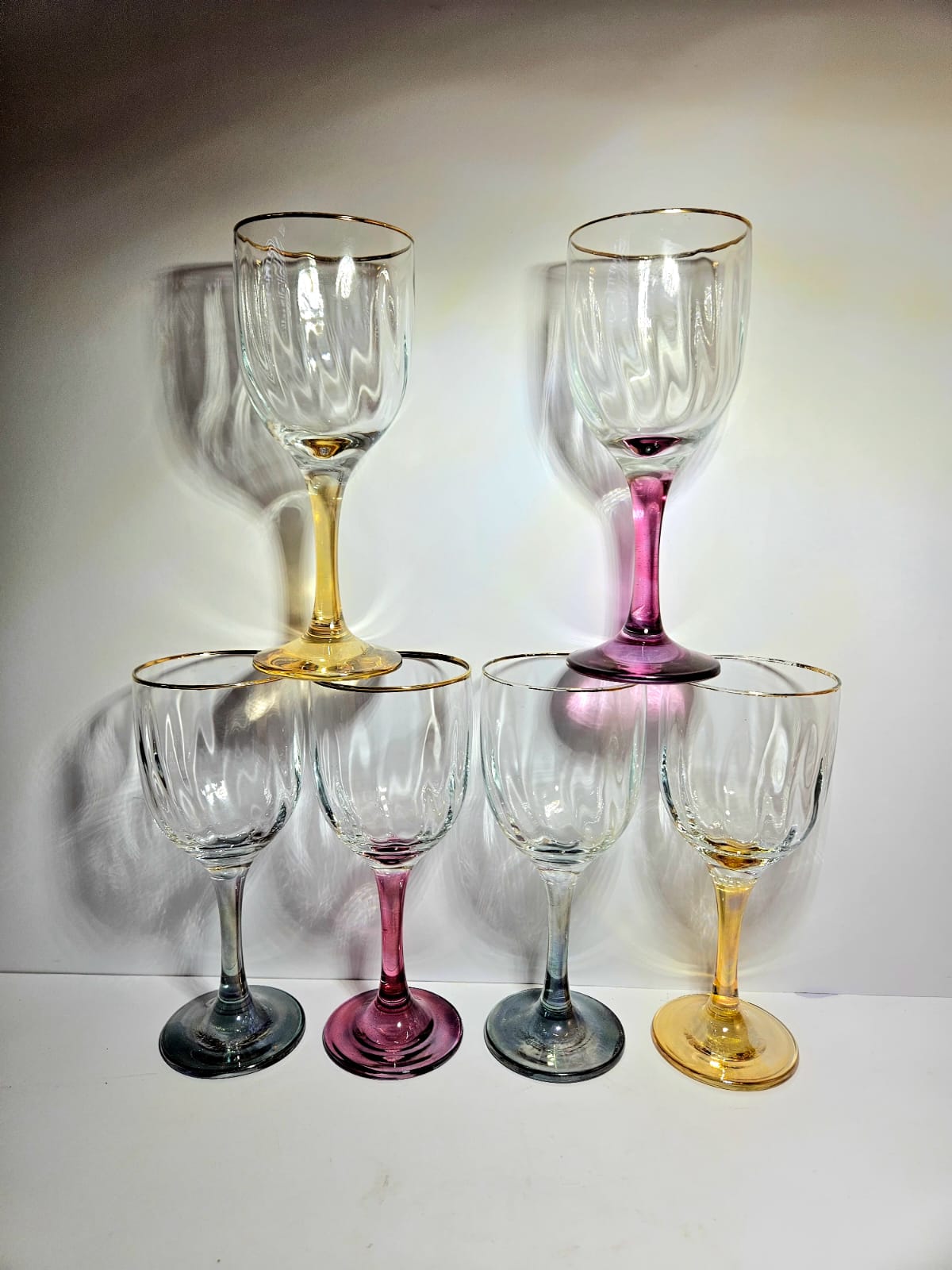 Optic Ribbed Wine Glasses with gold rims and colored Stems, Set of 6