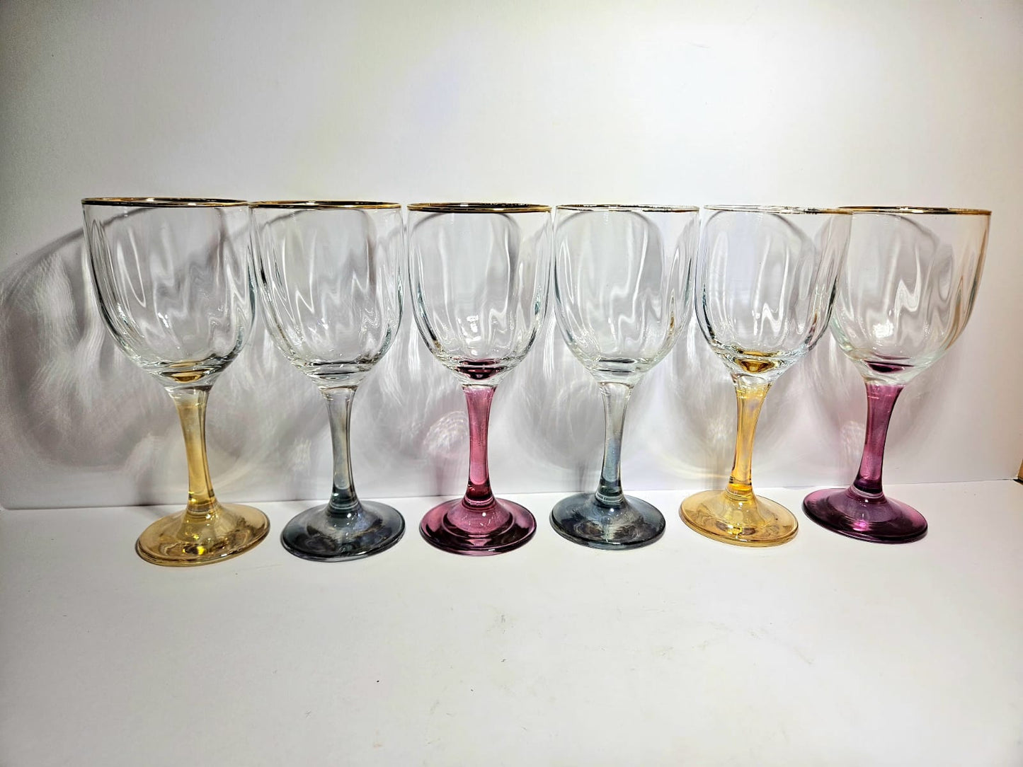 Optic Ribbed Wine Glasses with gold rims and colored Stems, Set of 6