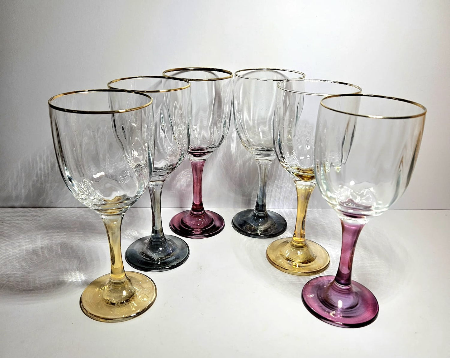 Optic Ribbed Wine Glasses with gold rims and colored Stems, Set of 6