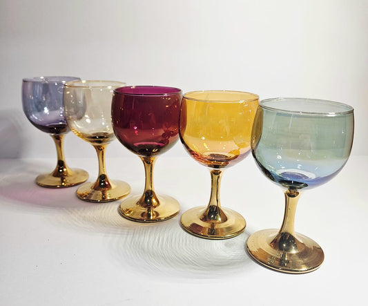 Set of 5 vintage Crystal Arlequin wine Glasses with gold gild stems