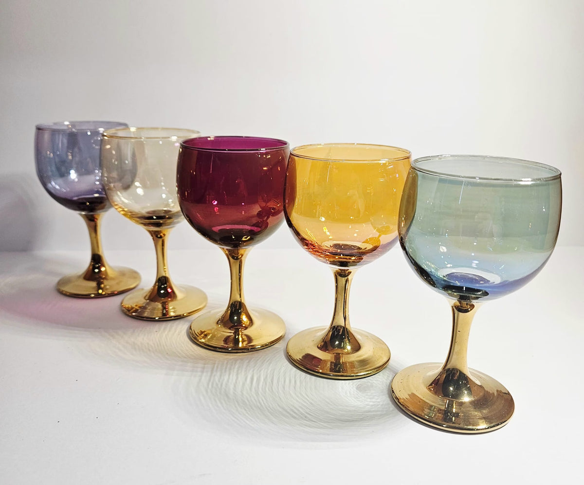 Set of 5 vintage Crystal Arlequin wine Glasses with gold gild stems