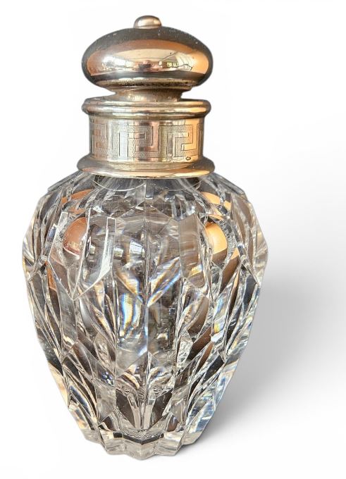 Antique Art Deco facetted glass scent bottle, Sterling silver lid.