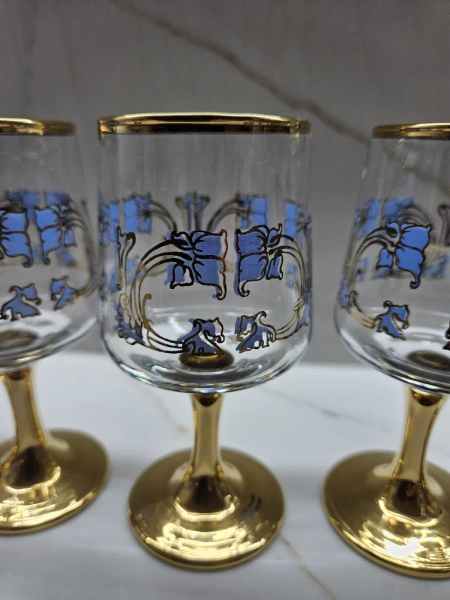 Art Nouveau set of 10 etched and gold gilded glasses