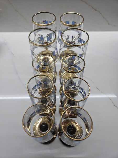 Art Nouveau set of 10 etched and gold gilded glasses