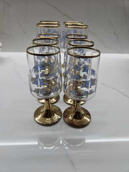 Art Nouveau set of 10 etched and gold gilded glasses