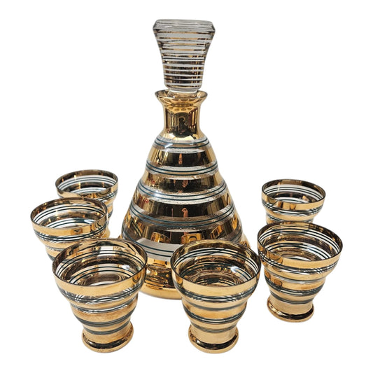 Mid Century De Rupel Verrerie de Boom Belgium Gold and Green Glass Decanter with 6 x Liqueur Glasses