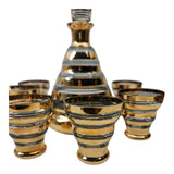 Mid Century De Rupel Verrerie de Boom Belgium Gold and Green Glass Decanter with 6 x Liqueur Glasses