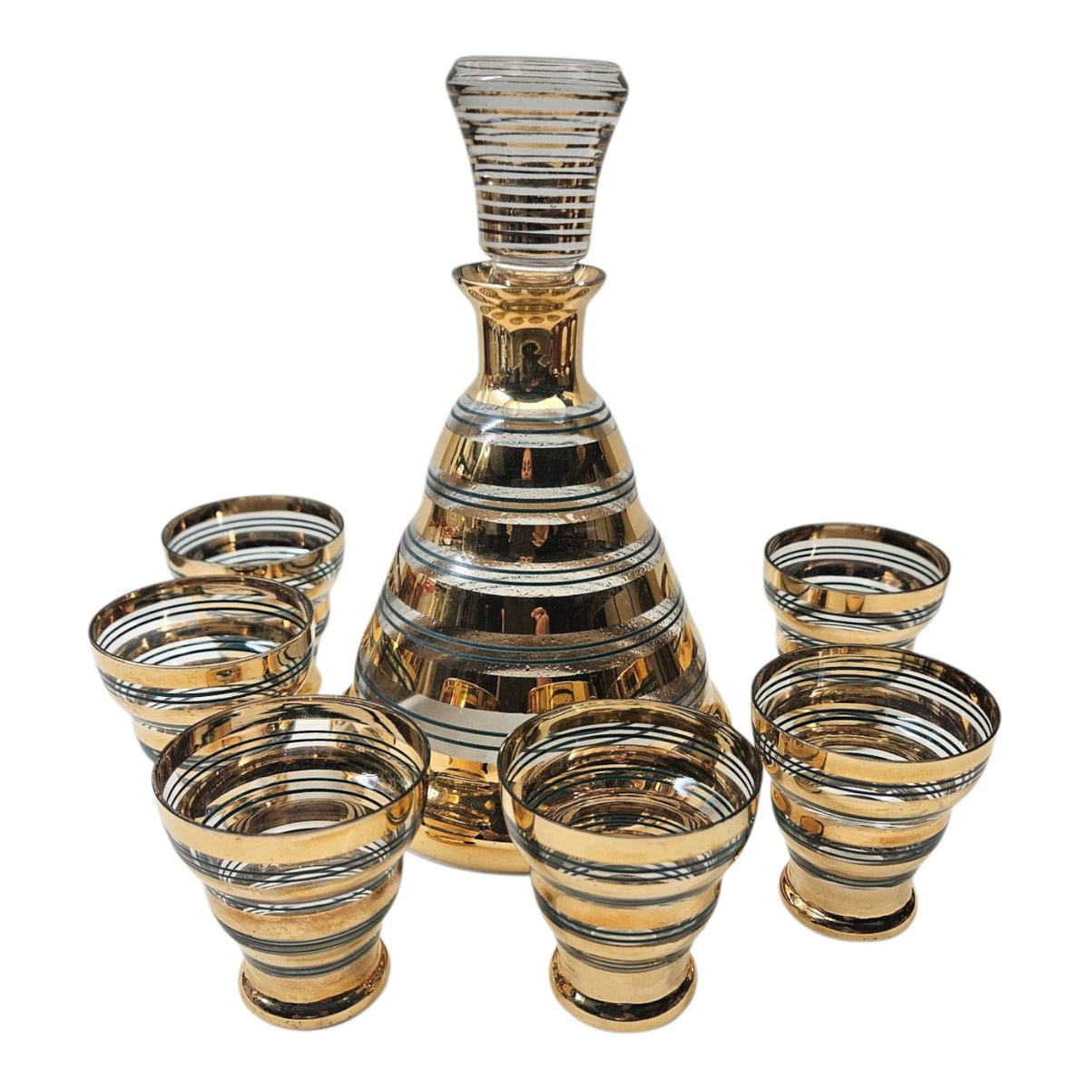 Mid Century De Rupel Verrerie de Boom Belgium Gold and Green Glass Decanter with 6 x Liqueur Glasses