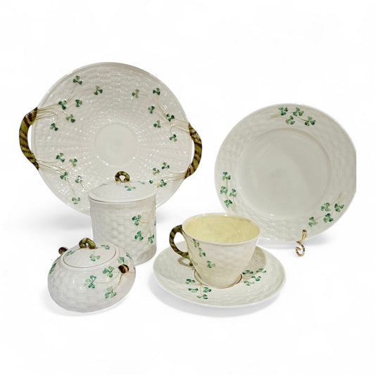 8 Pcs Belleek SHAMROCK Basketweave Solitaire Breakfast Set