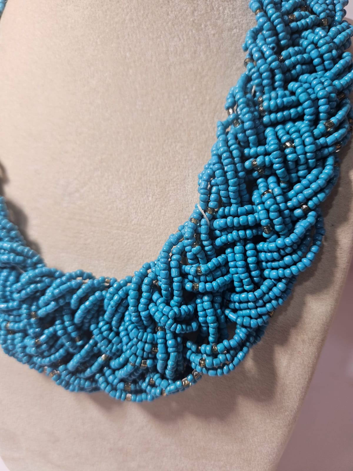 Vintage 80's Turquoise Glass Seed Beaded Chunky Braided Necklace