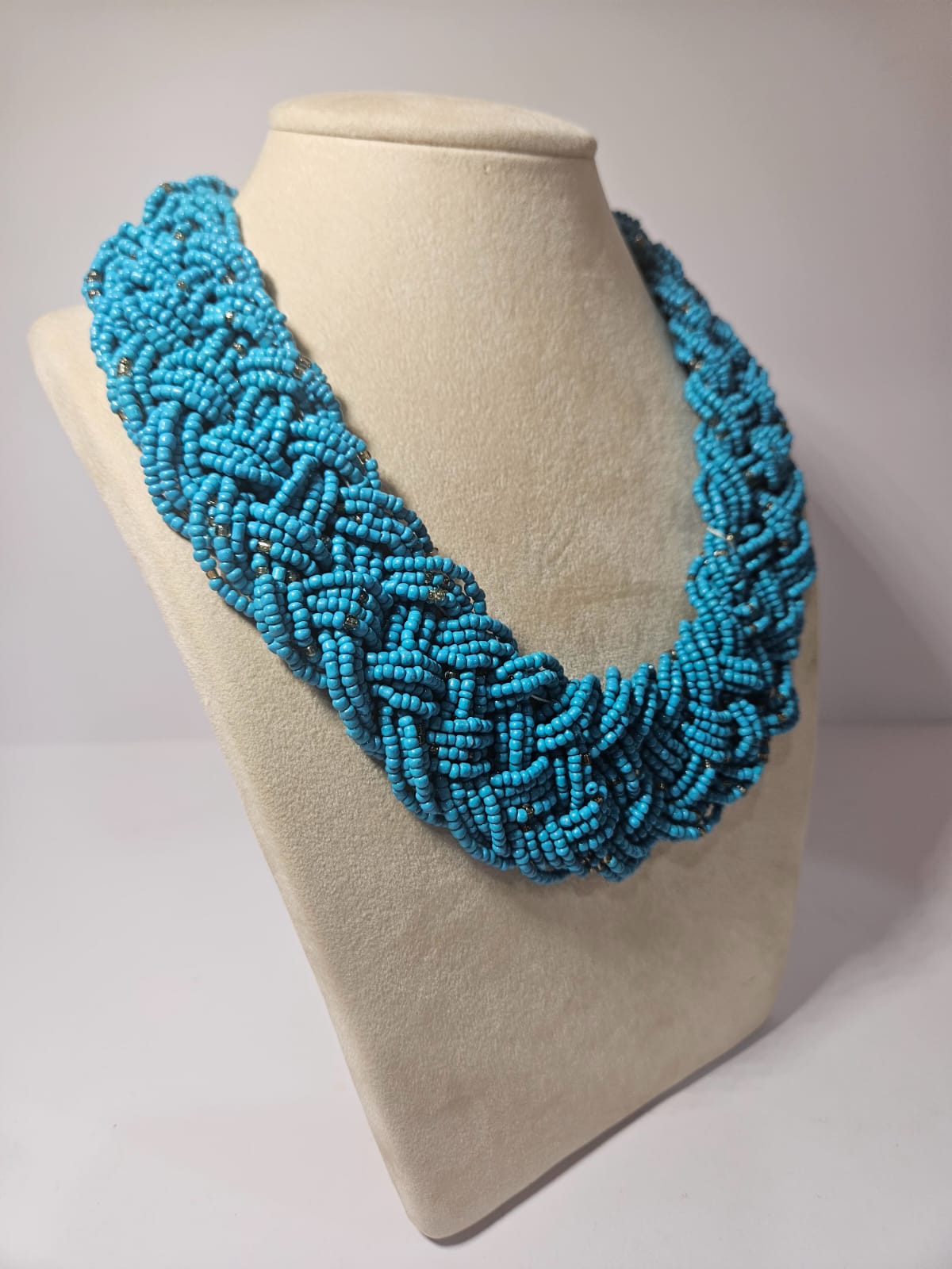 Vintage 80's Turquoise Glass Seed Beaded Chunky Braided Necklace
