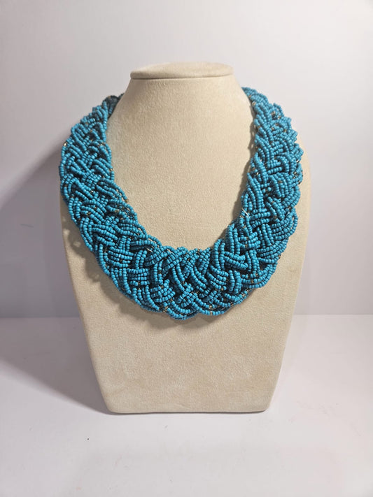 Vintage 80's Turquoise Glass Seed Beaded Chunky Braided Necklace