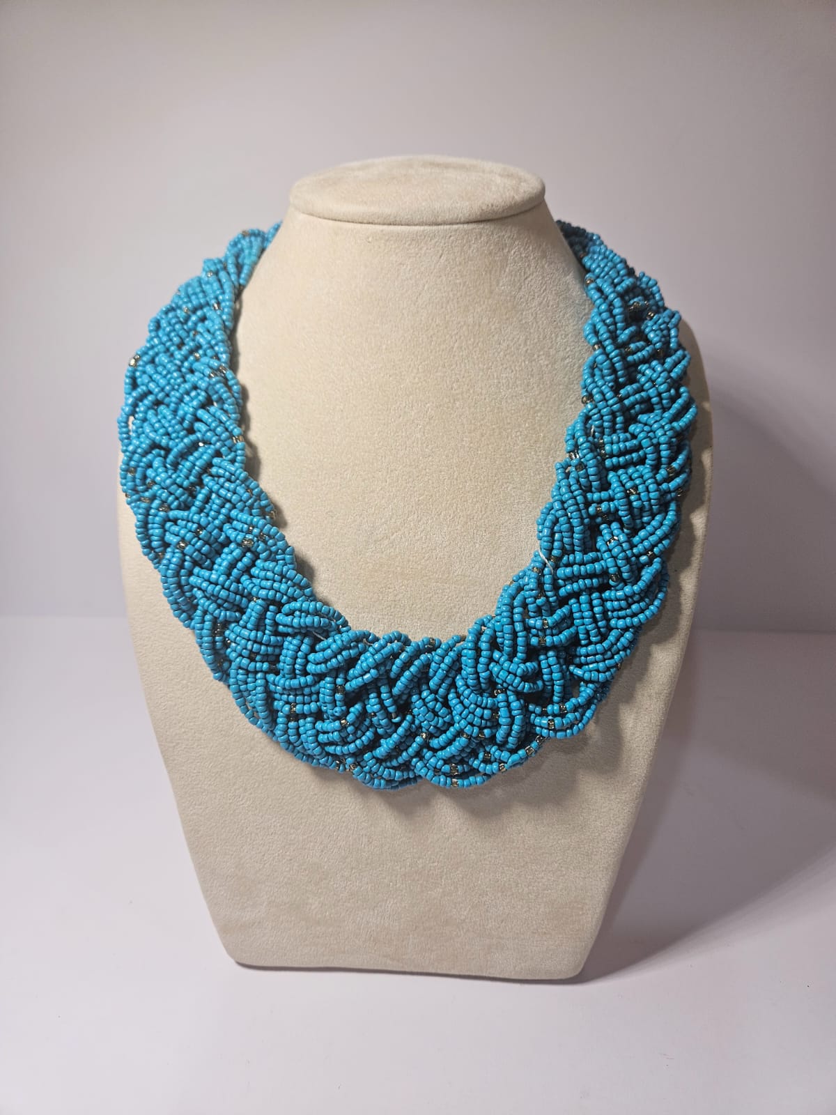 Vintage 80's Turquoise Glass Seed Beaded Chunky Braided Necklace