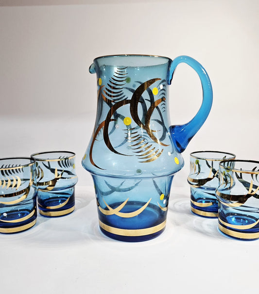 Vintage Bohemia Blue Jug with 4 Tumblers Gold Gilt Detail