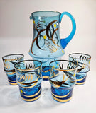 Vintage Bohemia Blue Jug with 4 Tumblers Gold Gilt Detail