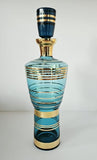 Vintage Bohemian Czech Aqua Gold Trim Glass Decanter set with 6 glasses