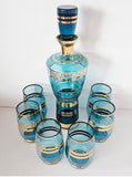 Vintage Bohemian Czech Aqua Gold Trim Glass Decanter set with 6 glasses