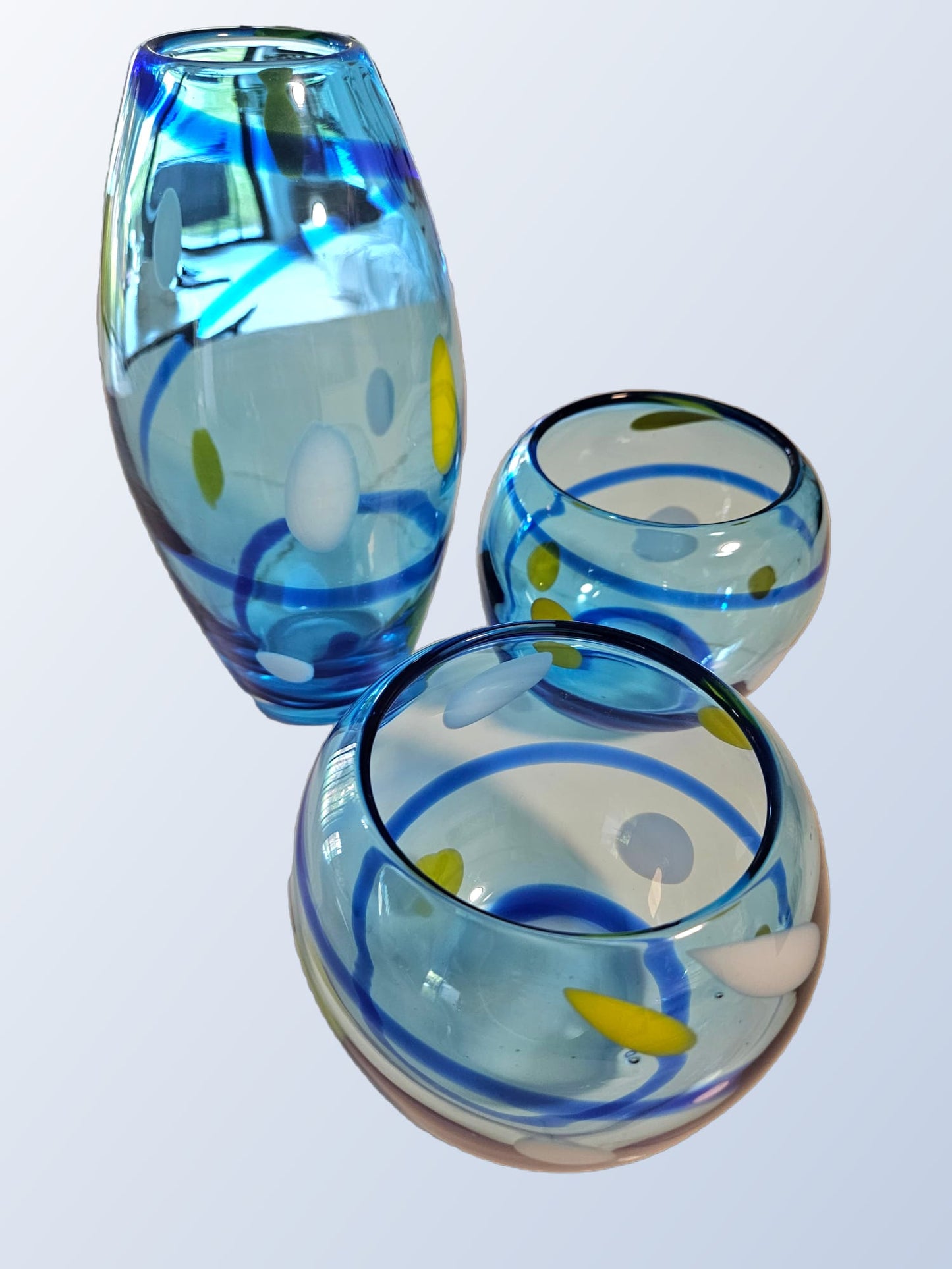 Handblown Blue Spiral Art Glass Vase and bowls