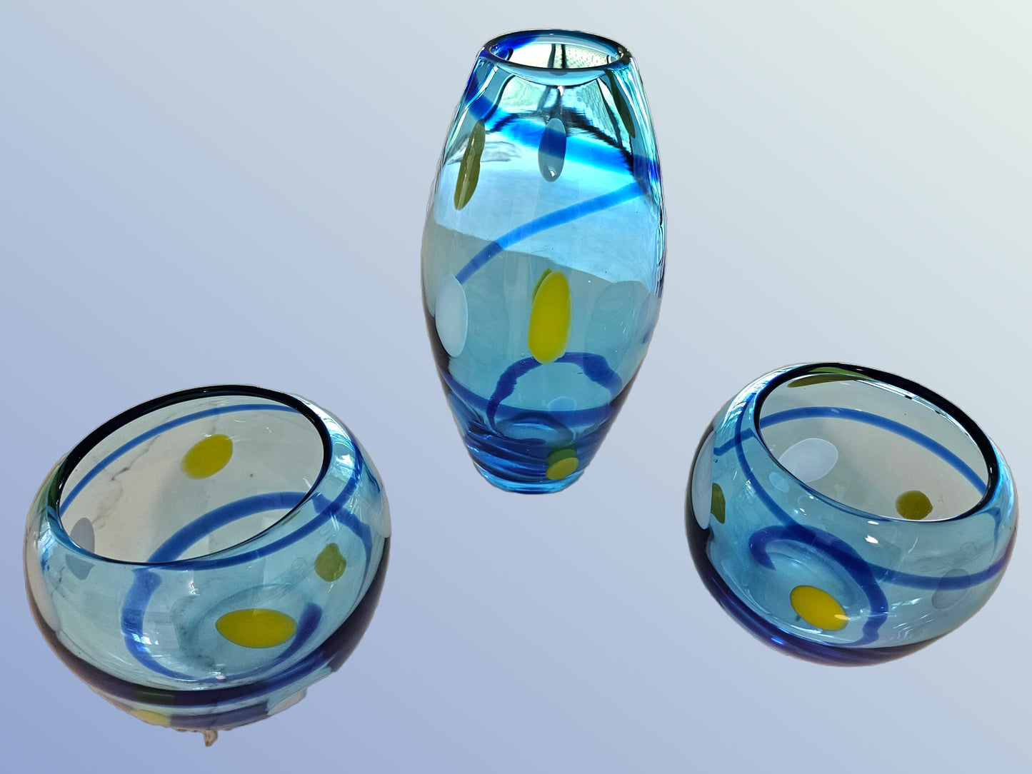 Handblown Blue Spiral Art Glass Vase and bowls