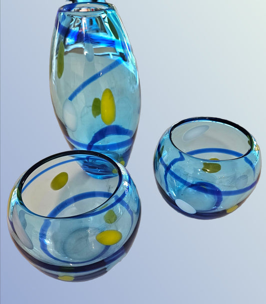 Handblown Blue Spiral Art Glass Vase and bowls