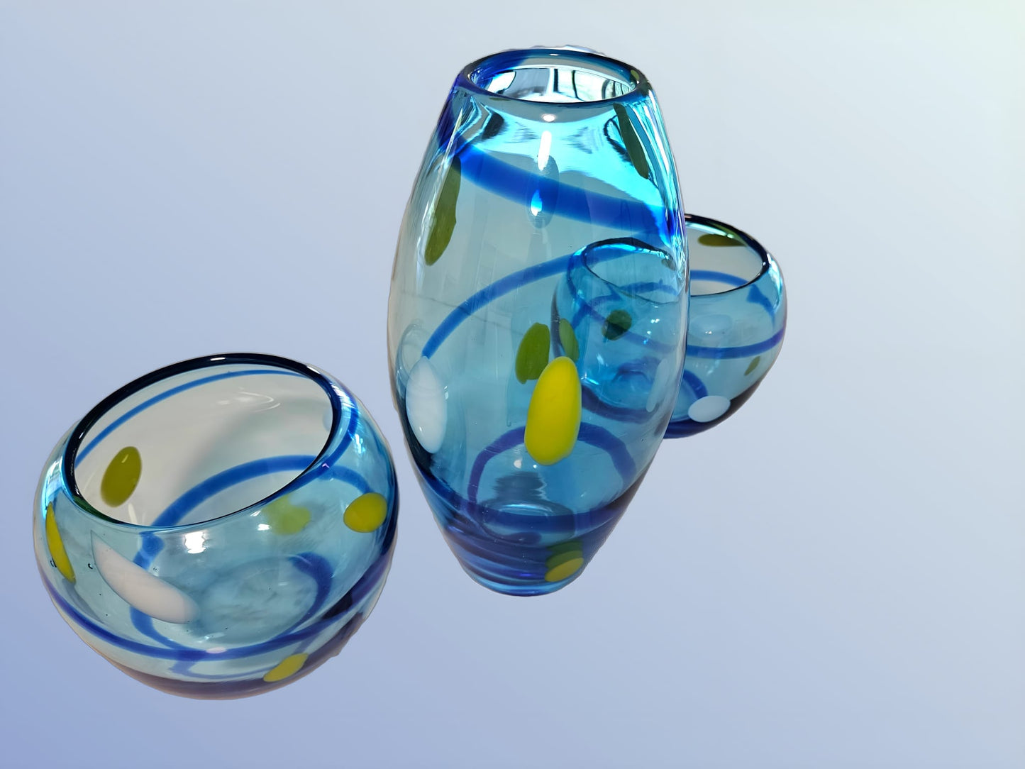 Handblown Blue Spiral Art Glass Vase and bowls