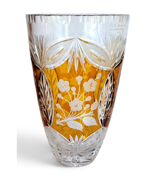 Large Bohemian Huta Szkła Julia amber-overlay cut-to clear crystal Vase c. 1960