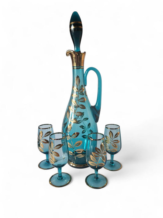 Vintage 1950'S Blue & Gold Bohemian Cordial Decanter Set