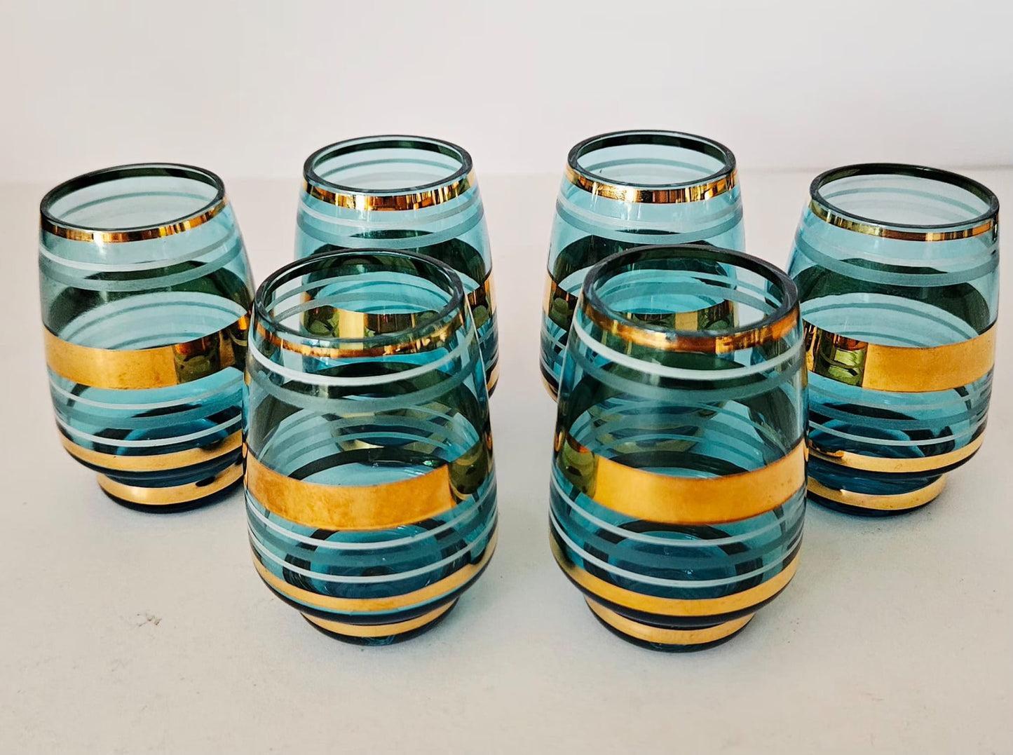 Bohemian Blue and Gold Striped Glass Decanter set