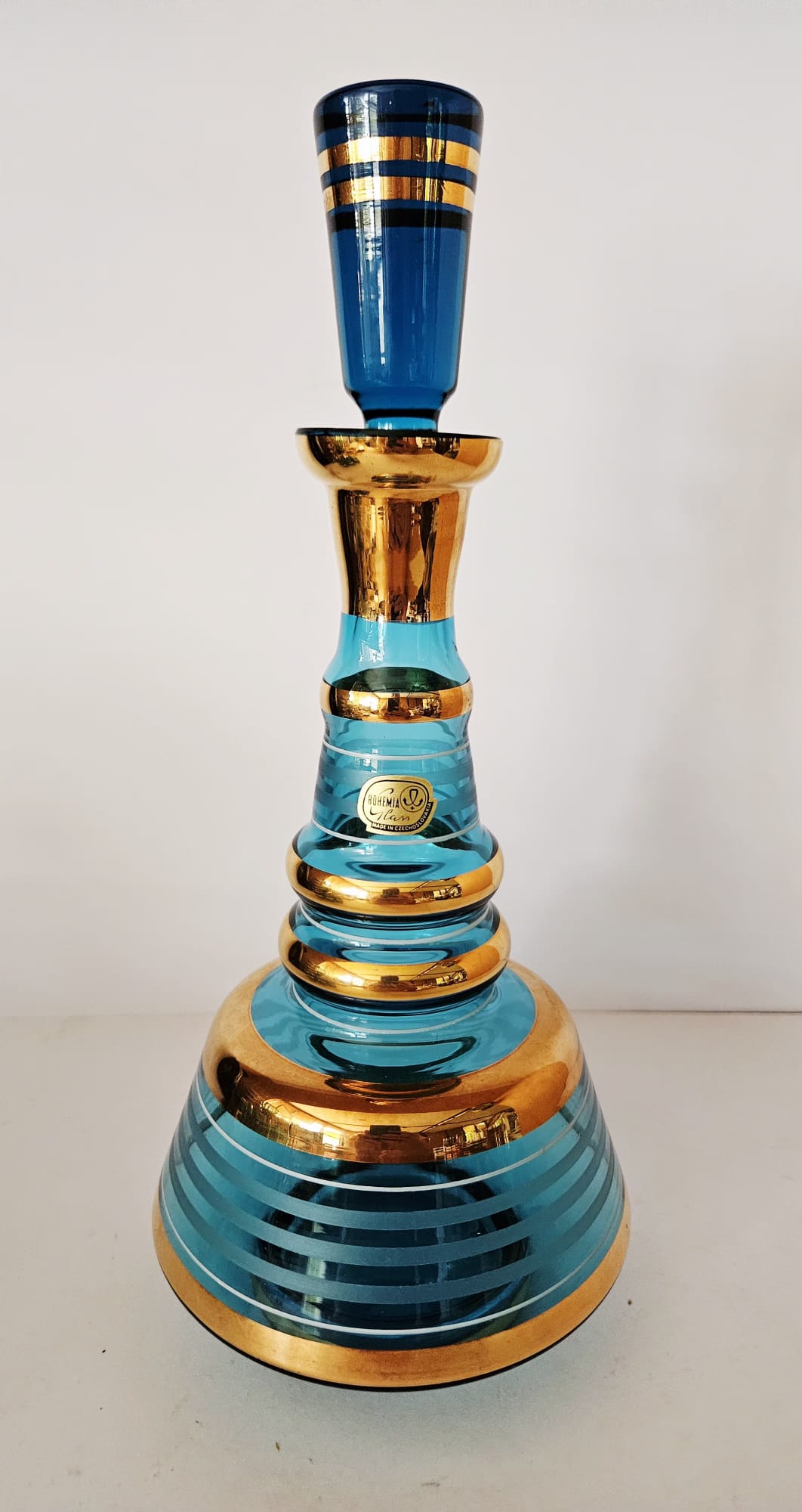 Bohemian Blue and Gold Striped Glass Decanter set