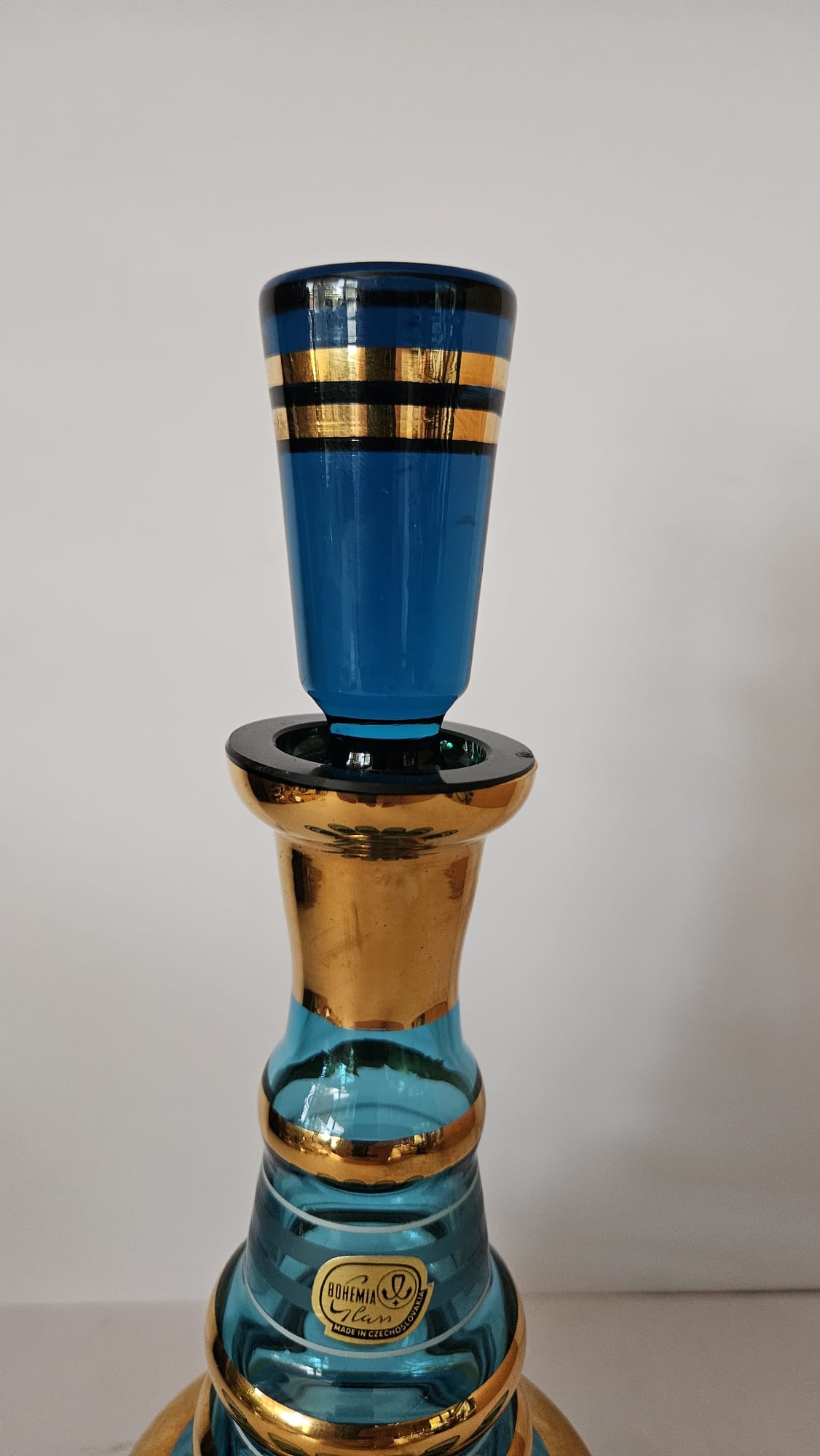 Bohemian Blue and Gold Striped Glass Decanter set