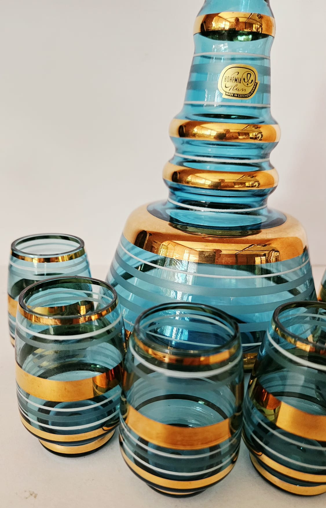 Bohemian Blue and Gold Striped Glass Decanter set