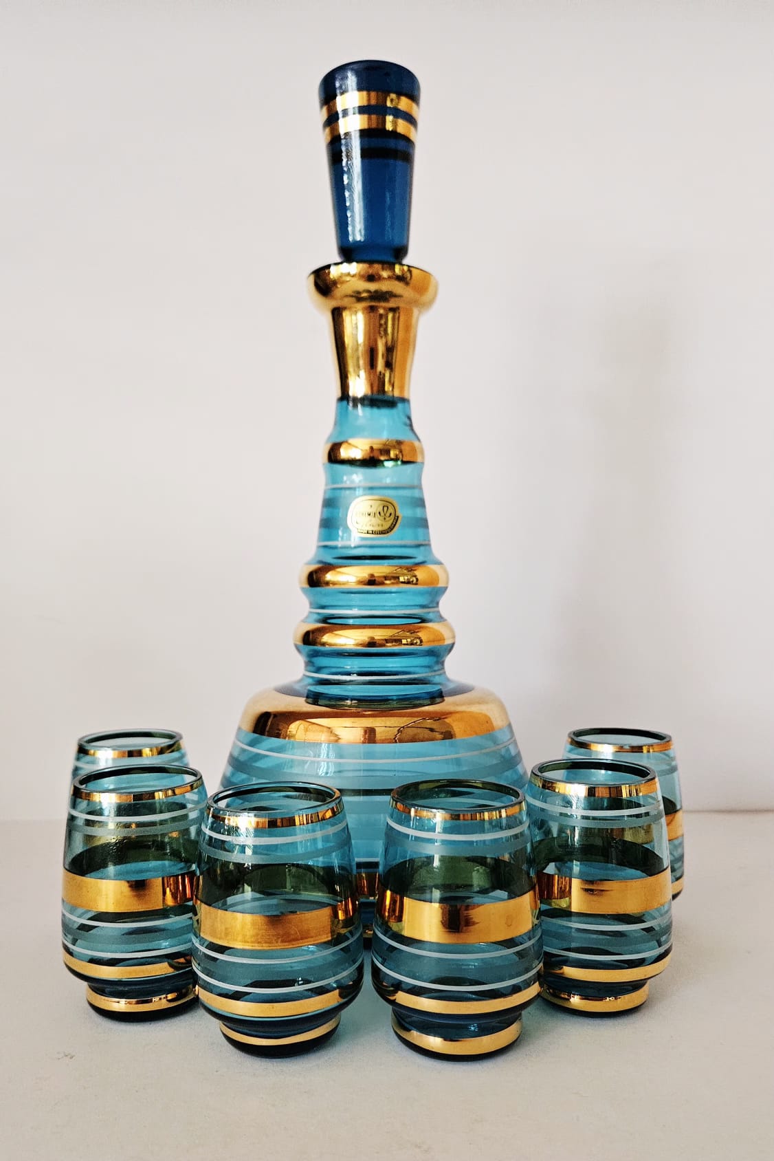 Bohemian Blue and Gold Striped Glass Decanter set