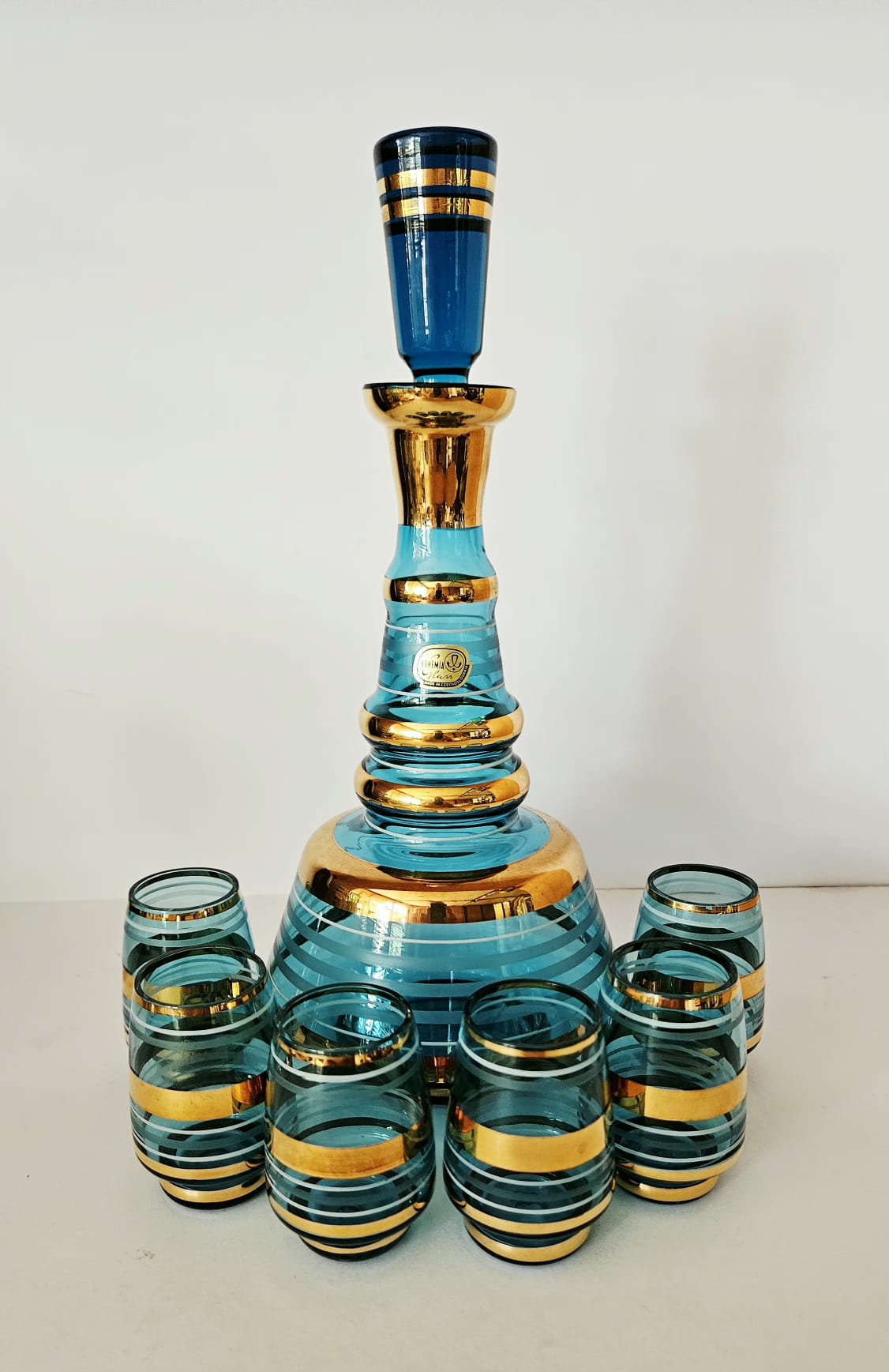 Bohemian Blue and Gold Striped Glass Decanter set
