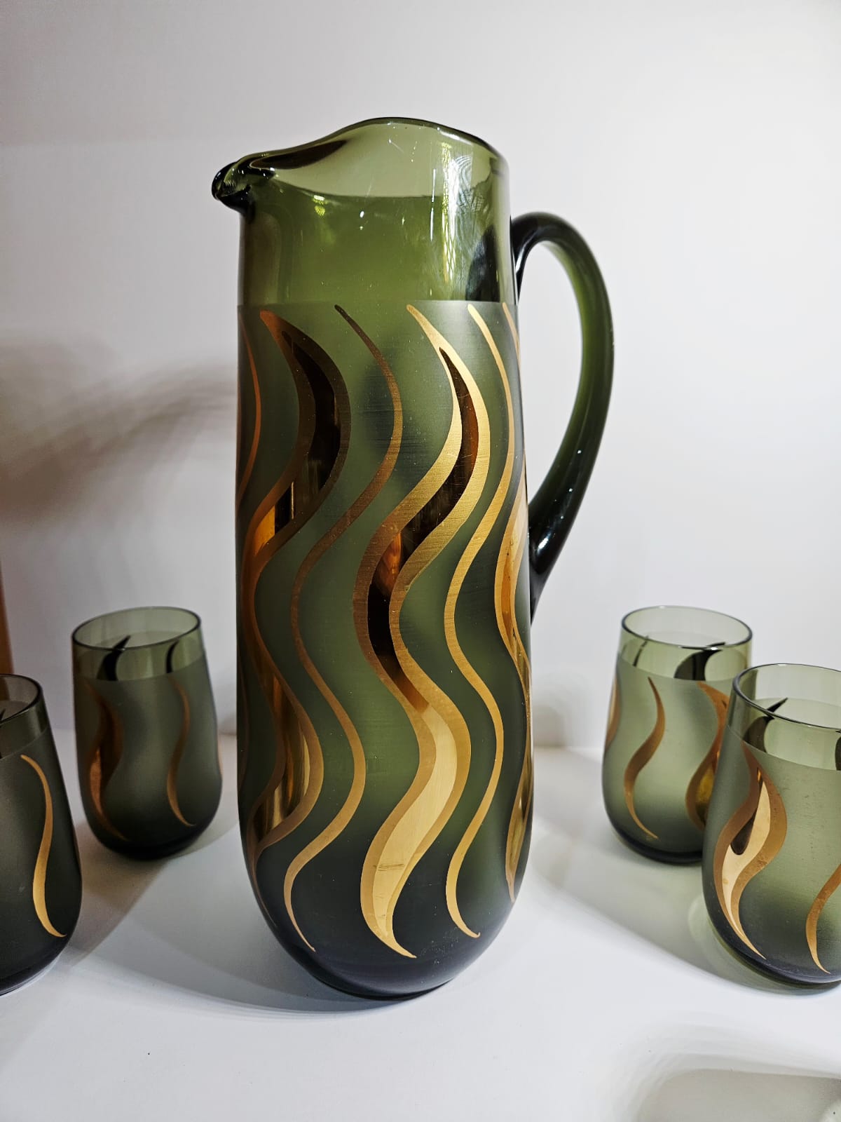 Vintage Bohemia Czech Republic 24K Gold & Green glass pitcher and 6 glasses