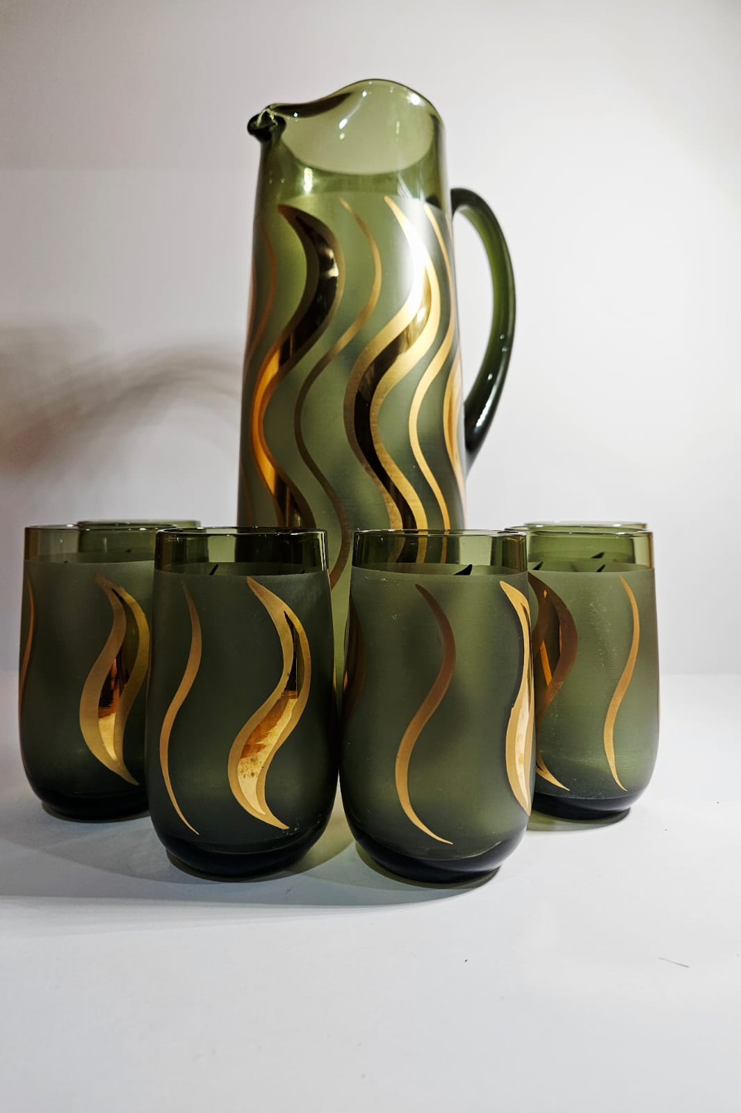 Vintage Bohemia Czech Republic 24K Gold & Green glass pitcher and 6 glasses