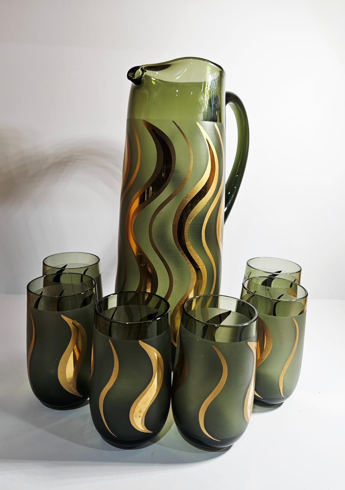 Vintage Bohemia Czech Republic 24K Gold & Green glass pitcher and 6 glasses