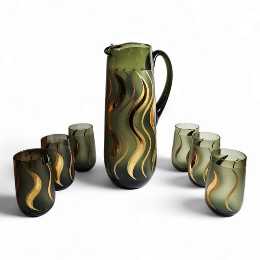 Vintage Bohemia Czech Republic 24K Gold & Green glass pitcher and 6 glasses
