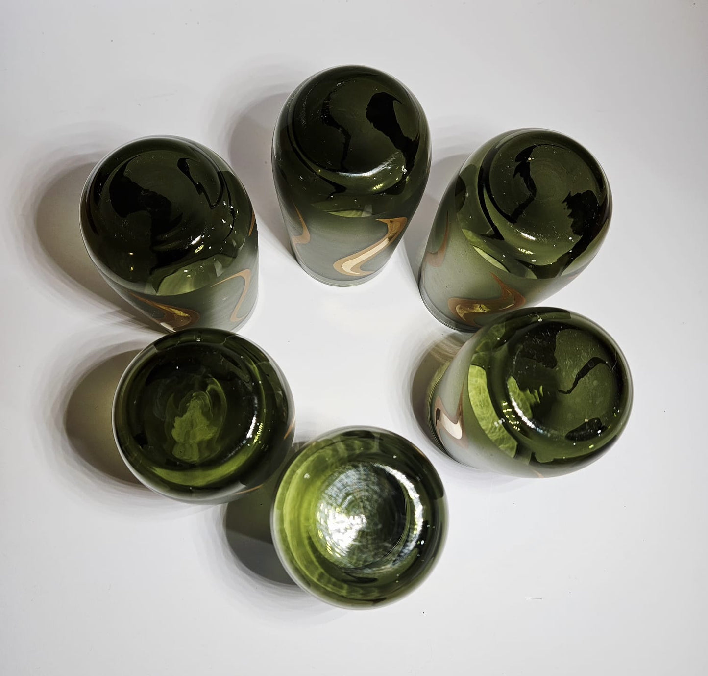 Vintage Bohemia Czech Republic 24K Gold & Green glass pitcher and 6 glasses