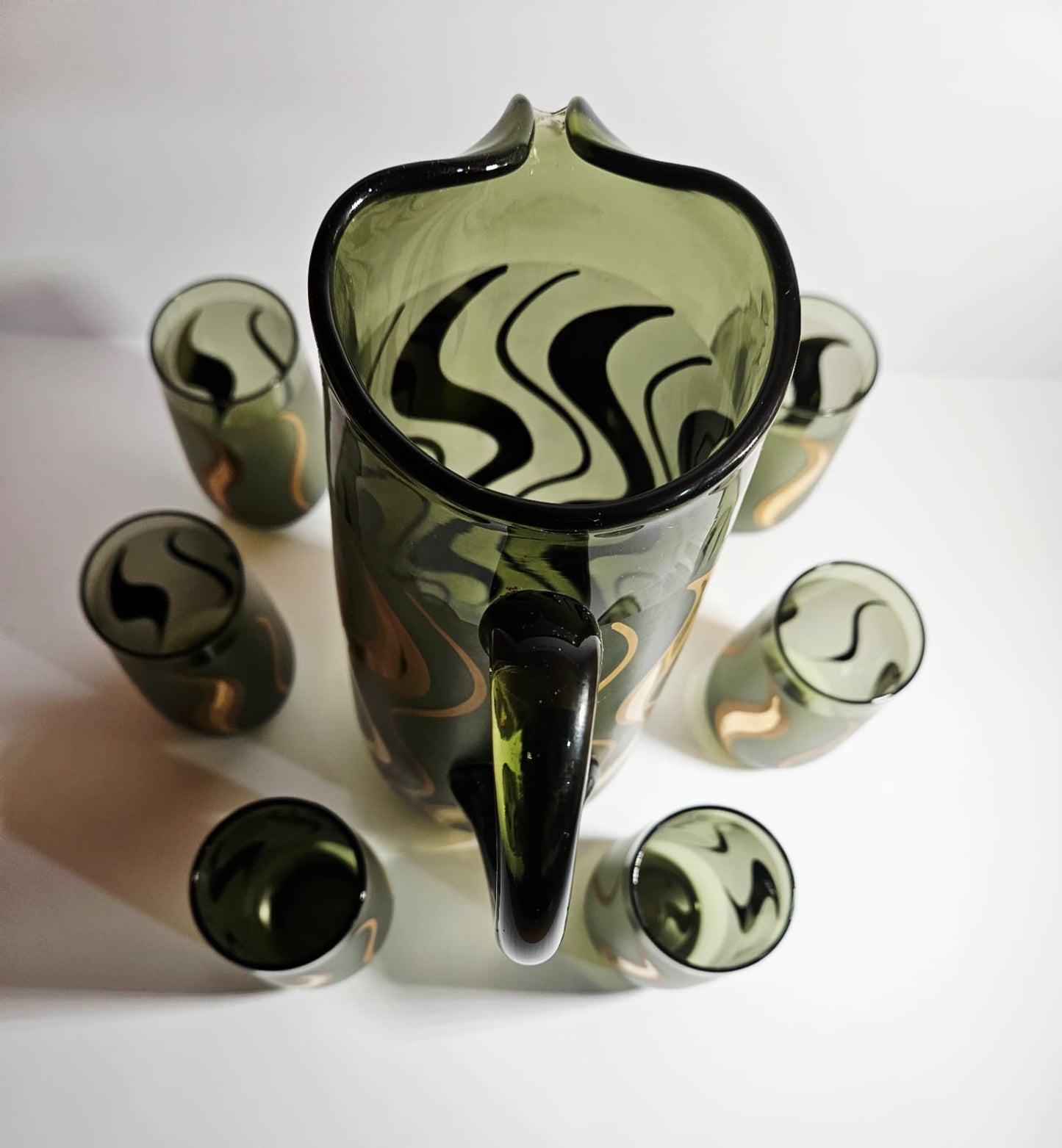 Vintage Bohemia Czech Republic 24K Gold & Green glass pitcher and 6 glasses