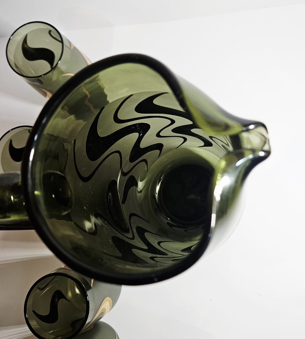 Vintage Bohemia Czech Republic 24K Gold & Green glass pitcher and 6 glasses