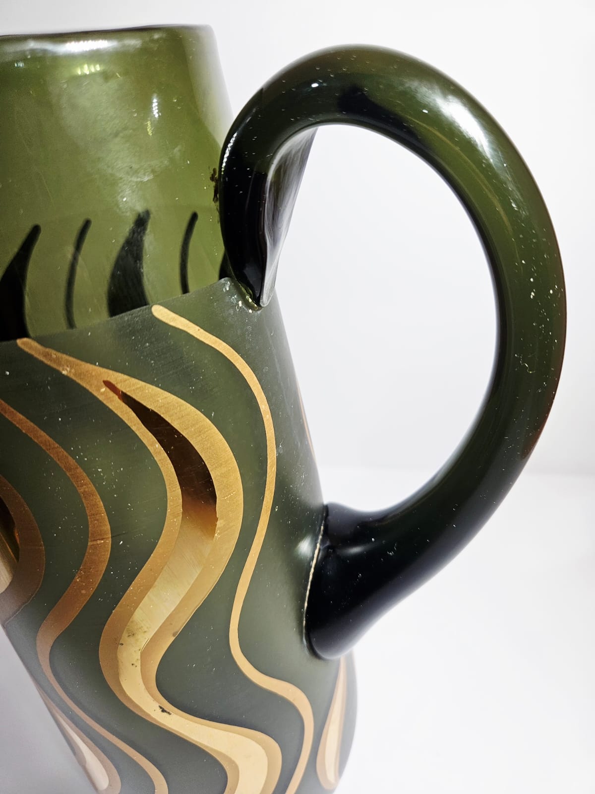Vintage Bohemia Czech Republic 24K Gold & Green glass pitcher and 6 glasses